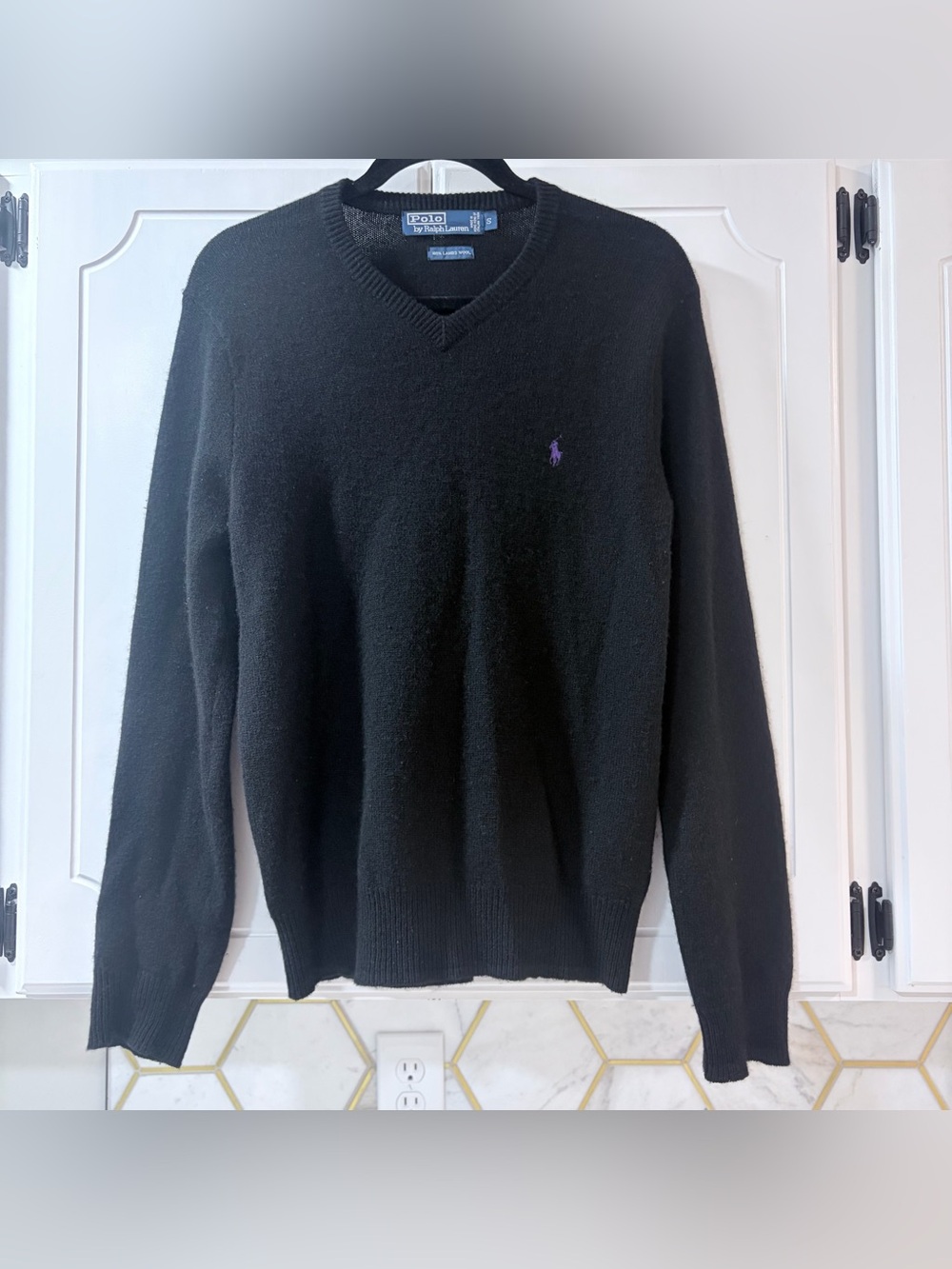 Vintage 90s Polo Ralph Lauren Black Lambswool V-Neck Sweater Purple Pony S